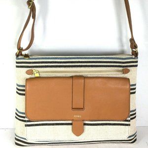 Fossil Striped Fabric Brown Leather Trim Crossbody